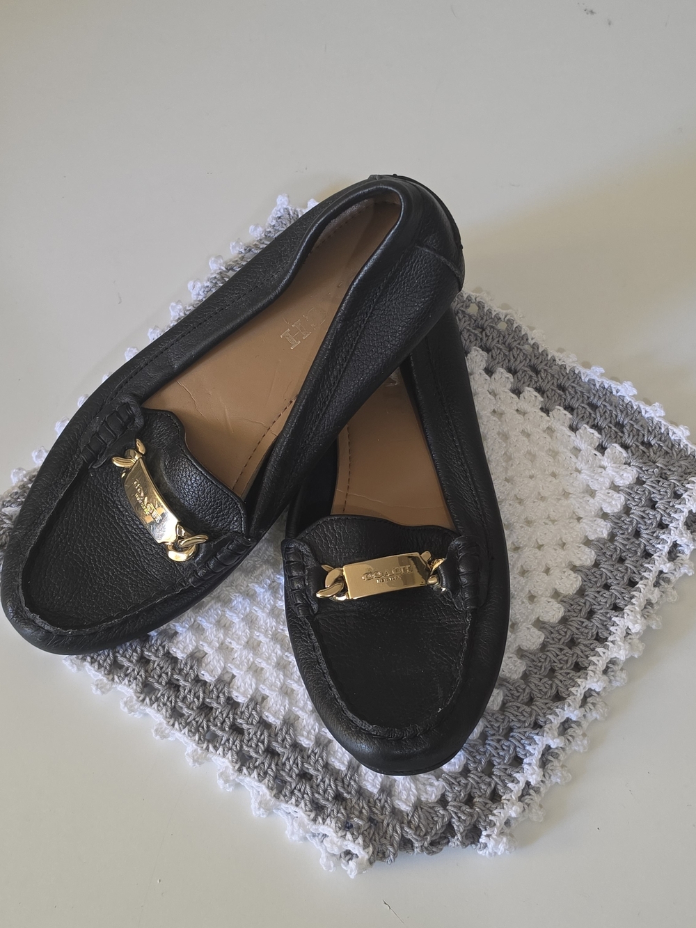 Coach Black Leather Women's Loafers with Gold Plaque